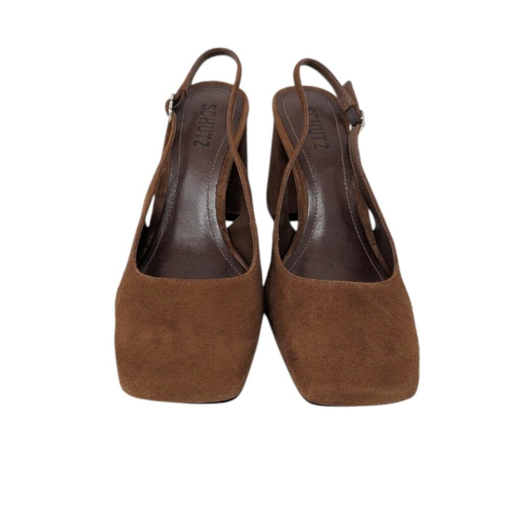 Schutz Tuckernuck Leia Block Brown Suede Slingback Heels Size 7.5B - Picture 3 of 6